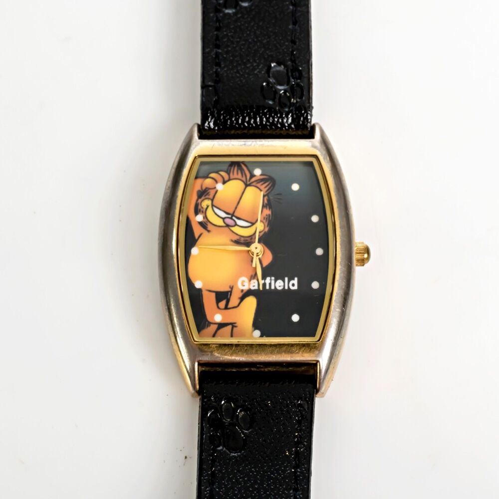 Paws Garfield Quartz Watch Unisex Gold Tone Barrel Leather Analog New Battery
